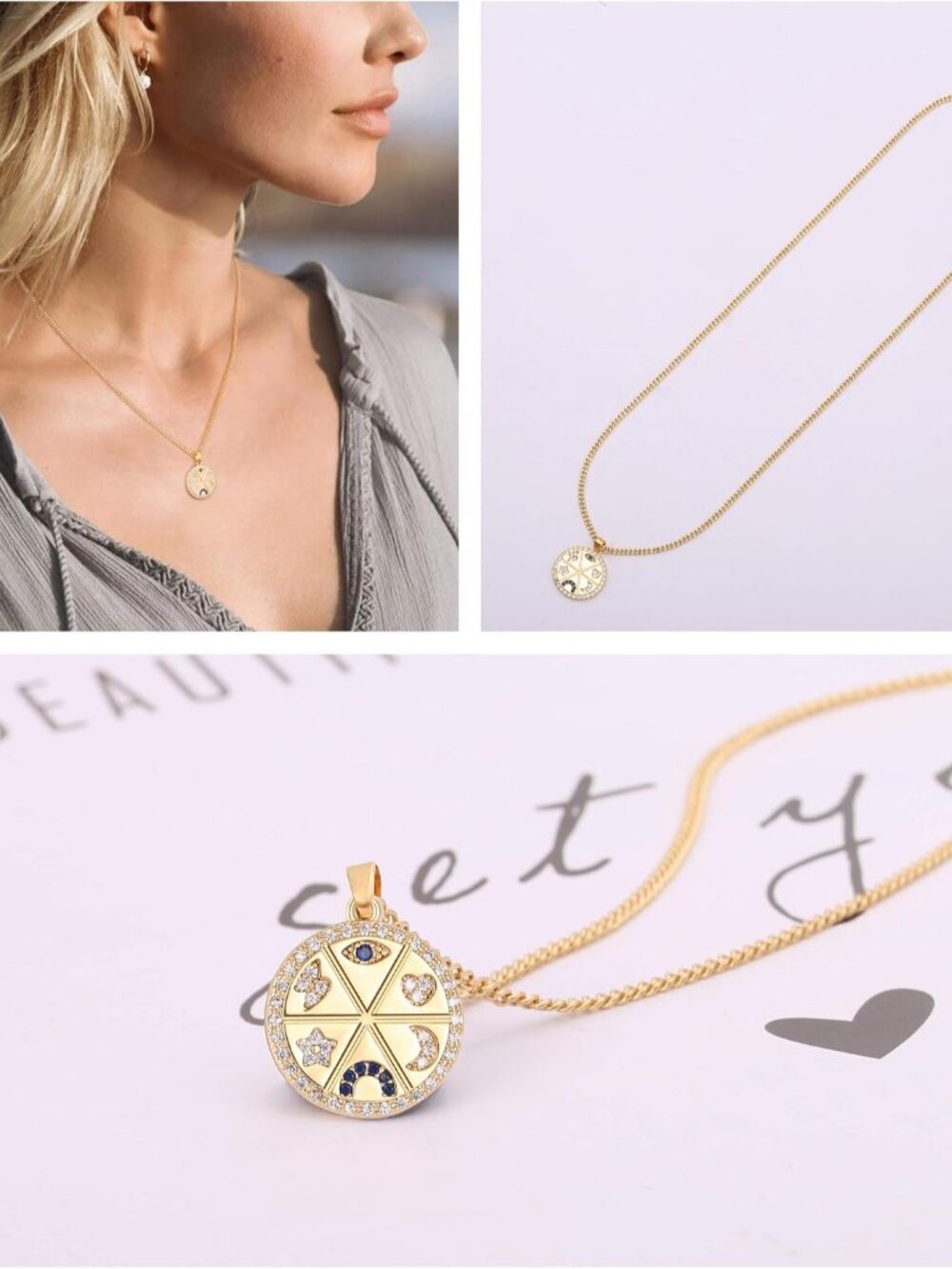 18K Gold Plated Moon Star Lion Evil Eye Love Heart Cross Pendant Necklace Medall - Picture 5 of 6